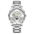 Luminous skeleton men's watch with silver stainless steel strap and flower bezel - Silver White Face