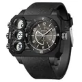 Rugged black dual display sports watch with leather-textured silicone strap - All Black