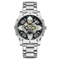Stylish men's watch with hollow flower dial and luminous hands in silver steel. (80 chars) - Silver Band Black Dial