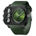 Rugged Sanda dual display sports watch with dark green leather strap and black case - Army Green