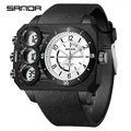 SAMDA men's waterproof dual display sports watch featuring black leather strap and square case - Black and White