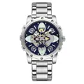 Men's stylish watch with cool blue skeleton dial and luminous markers, silver steel band - Silver Blue Dial