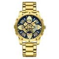 Modische Herrenuhr aus goldfarbenem Edelstahl mit blauem skelettiertem Zifferblatt - Goldfarbenes blaues Zifferblatt