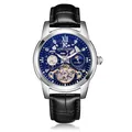 Men's luxury skeleton automatic mechanical watch with black leather strap - Black Strap Silver Case Black Dial