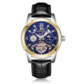 AOKULASIC blue dial skeleton automatic mechanical watch with black leather strap - Black Band Gold and Silver Case Black Dial