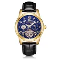 AOKULASIC luxury men's automatic mechanical watch with gold case and blue skeleton dial - Black Strap Gold Case Black Dial