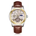 AOKULASIC business automatic mechanical men's watch with skeleton dial and brown leather strap - Brown Strap Two-Tone Gold Case White Dial