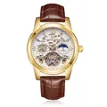 AOKULASIC men's automatic mechanical watch with skeleton tourbillon and brown leather strap - Brown Strap Gold Case White Dial