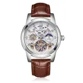 Automatic mechanical men's watch with skeleton tourbillon and brown leather strap - Brown Strap Silver Case White Face