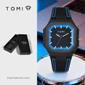 Montre en silicone carrée TOMI élégante pour hommes et femmes avec cadran bleu Nautilus - Avec Boîte Cadeau / T023-3 (Noir/Bleu)
