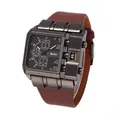Oulm heren quartz horloge met grote vierkante wijzerplaat en bruine lederen horlogeband - Bruin