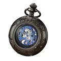 Montre à gousset mécanique noire avec cadran squelette bleu et gravures florales élégantes - Métal canon