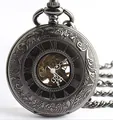 Vue détaillée d'une montre à gousset mécanique noire gravée avec mouvement squelette - Comme indiqué