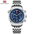 Reloj cronógrafo de cuarzo MINI FOCUS de alta gama con esfera azul y banda de acero - Caja Plateada Esfera Azul Correa Acero
