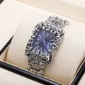 Men's gothic square claw watch with blue dial and ornate silver-toned relief band - Streaming Silver Dark Blue Dial