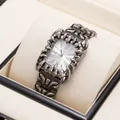 Vintage Y2K men's square watch with retro claw relief design in aged silver finish - Gunmetal Black White Dial