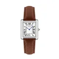 Elegant rectangular silver quartz watch with a brown leather strap and Roman numerals. - Model 9031 / Coffee Leather Strap (Small)