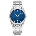Trendy men's slim quartz wrist watch with silver stainless steel strap and blue striped dial - Silver/Blue Dial