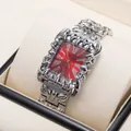 Orologio gotico quadrato da uomo con lunetta a artigli d'argento e quadrante rosso - Argento Fluido Quadrante Rosso