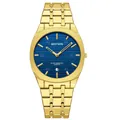 Elegant gold stainless steel men's quartz watch featuring a blue dial and date window - Gold Case Blue Dial