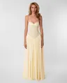 Elegant pale yellow evening gown with lace corset bodice and pleated maxi skirt. - S / Dresses / Yellow