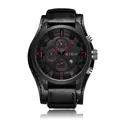 KTEVI Men's tactical sport watch featuring large black dial and wide leather band strap - Black Strap Red Needle