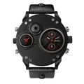 Oulm professional men's dual time zone quartz watch with compass and large black metal dial - Red