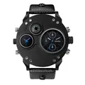 Oulm dual time zone oversized men's quartz watch with compass and black leather strap - Blue
