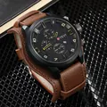 Trendy men's fashion sports watch with oversized black dial and premium brown leather strap - Brown Strap Yellow Needles