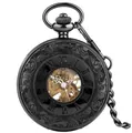 Montre à gousset mécanique noire vintage gravée avec chiffres romains et chaîne élégante - Noir sculpté