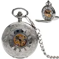 Montre à gousset mécanique rétro argentée avec boîtier gravé et chaîne - Motif cœur argent or