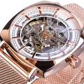 Montre automatique squelette de luxe pour hommes avec bracelet en maille or rose élégant - Style Tout Or Rose Squelette (W1076-9)