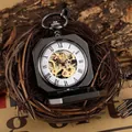 Detailed view of the vintage skeleton mechanical pocket watch in gunmetal finish. - Black