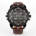 Detail view showing the multi-dial face and brown leather strap of the Oulm men's quartz watch - Brown