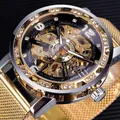 Detalle del dial del reloj mecánico esqueleto con correa de malla en color oro - Correa Dorada Esfera Negra