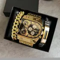 Coffret montre homme Oulm dorée avec cadran multi-fuseaux horaires et bracelets - Style Doré (Boîte Cadeau Noire)