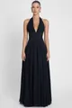 Elegant black halter neck deep V-neck evening maxi dress featuring a flowing pleated skirt - XS / Dresses / Black