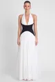 Front view of an elegant white and black halter neck floor-length evening gown - XS / Dresses / Black and White Patchwork