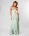 Elegant mint green lace bodice evening gown with pleated flowing long maxi skirt. - S / Dresses / Green