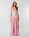 Full length view of elegant pink lace halter neck pleated maxi evening party gown - S / Dresses / Pink