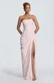 Full view of an elegant strapless pleated evening gown with high slit in soft pink. - XS / Dresses / Pink