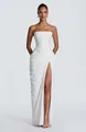Elegant white strapless floor-length maxi dress with pleated bodice and high slit detail. - XS / Dresses / White