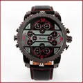 Gros plan montre à quartz Oulm pour hommes, cadrans multiples et bracelet en cuir noir - Rouge