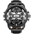 Oulm HP3233 men's oversized fashion watch with four time zones and black leather strap - Black