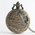 Classic vintage bronze hollow pocket watch with steam train engraving and quartz movement - Hollow Steam Train (p07) / Hollow Bronze