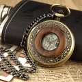 Vintage mechanical skeleton pocket watch with wood inlay and antique bronze chain - Bronze Wood Ring Style (Style 2)