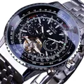Jaragar automatic mechanical watch featuring tourbillon hollow dial and steel strap - Silver Bezel Black Dial Steel Strap (SLZ62) / Silver Bezel Black Dial