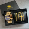 Coffret montre homme Oulm dorée avec bracelet cristal et collier croix en boîte cadeau - Style Cadran Bleu (Coffret 3364)