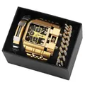 Coffret montre quartz Oulm dorée pour homme avec bracelet acier et deux gourmettes - Style Noir (Coffret 3364)
