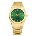 Luxurious gold men's quartz watch with a sunray green dial and integrated alloy band - Men / Gold Green